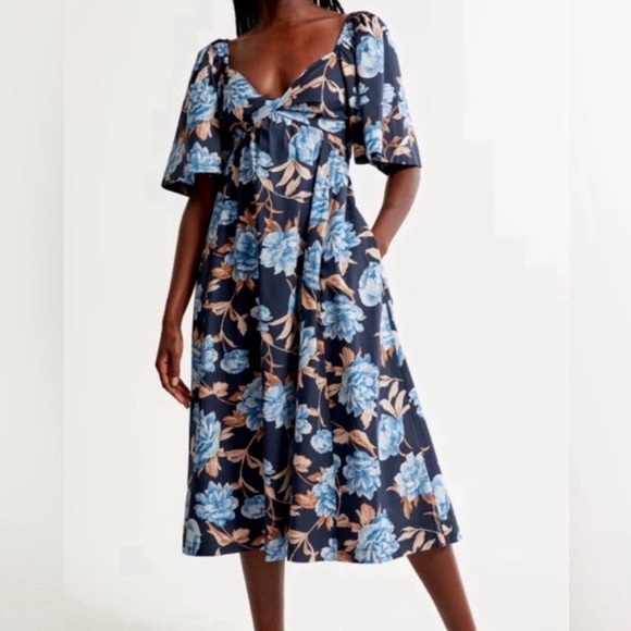 Abercrombie & Fitch Dresses & Skirts - Abercrombie & Fitch Navy Floral Midi Dress with Blue and Tan Flowers